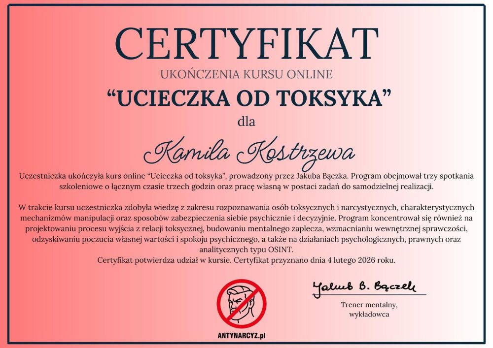 O mnie Certyfikat Kursu Kamilla Kostrzewa