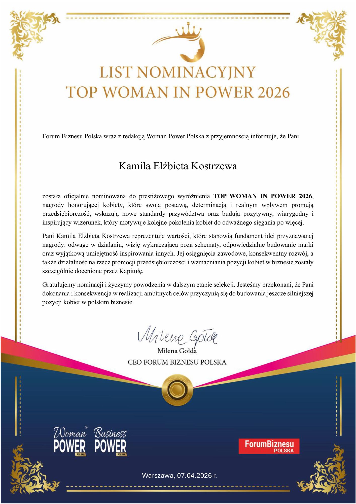 O mnie Nominacja Top Woman in Power 2026 Kamila Kostrzewa